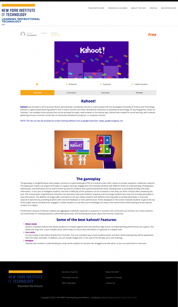 Kahoot ISTE Standard Page Screenshot
